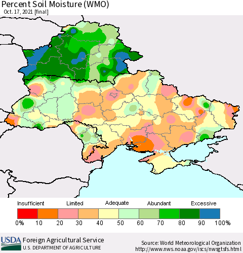 Ukraine, Moldova and Belarus Percent Soil Moisture (WMO) Thematic Map For 10/11/2021 - 10/17/2021