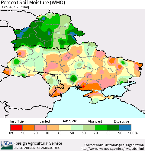 Ukraine, Moldova and Belarus Percent Soil Moisture (WMO) Thematic Map For 10/18/2021 - 10/24/2021