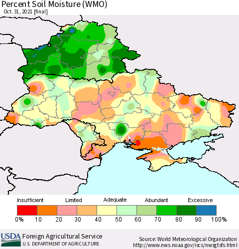 Ukraine, Moldova and Belarus Percent Soil Moisture (WMO) Thematic Map For 10/25/2021 - 10/31/2021