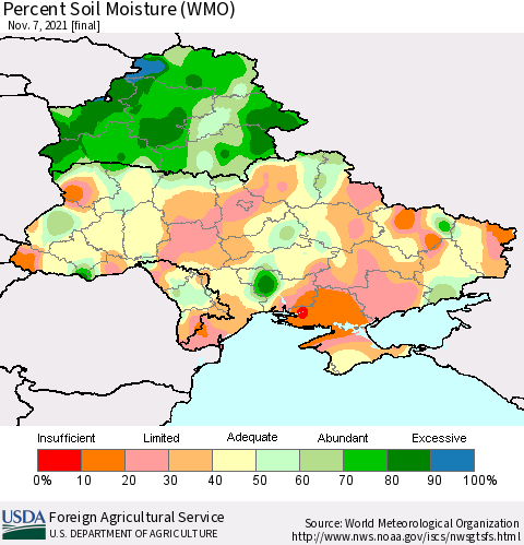Ukraine, Moldova and Belarus Percent Soil Moisture (WMO) Thematic Map For 11/1/2021 - 11/7/2021