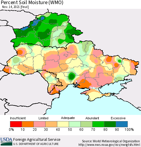 Ukraine, Moldova and Belarus Percent Soil Moisture (WMO) Thematic Map For 11/8/2021 - 11/14/2021