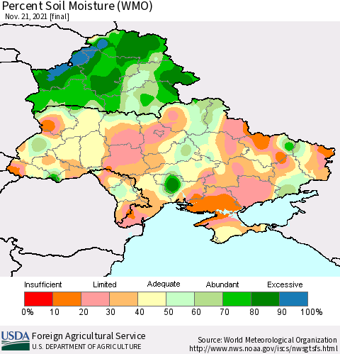 Ukraine, Moldova and Belarus Percent Soil Moisture (WMO) Thematic Map For 11/15/2021 - 11/21/2021