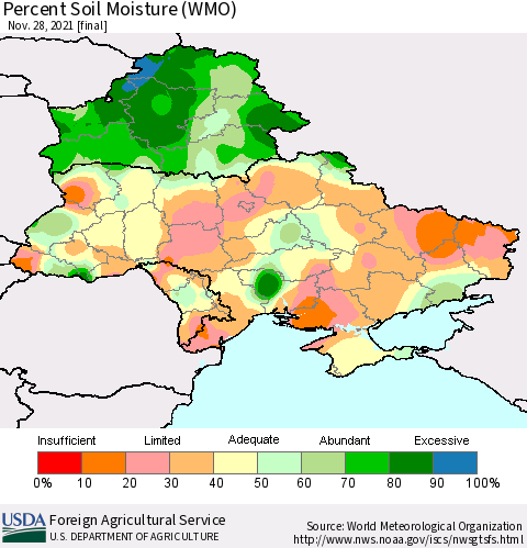 Ukraine, Moldova and Belarus Percent Soil Moisture (WMO) Thematic Map For 11/22/2021 - 11/28/2021
