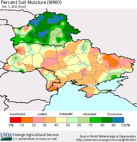Ukraine, Moldova and Belarus Percent Soil Moisture (WMO) Thematic Map For 11/29/2021 - 12/5/2021