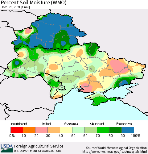 Ukraine, Moldova and Belarus Percent Soil Moisture (WMO) Thematic Map For 12/20/2021 - 12/26/2021