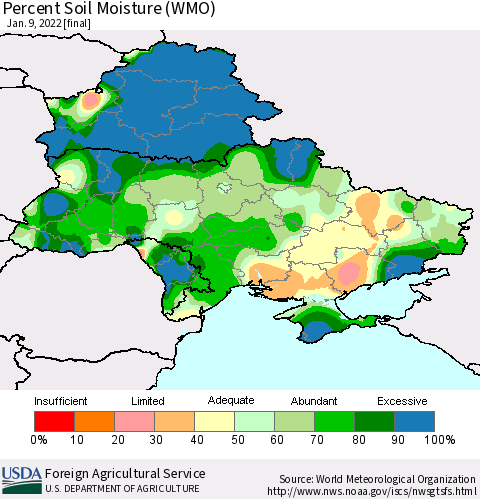 Ukraine, Moldova and Belarus Percent Soil Moisture (WMO) Thematic Map For 1/3/2022 - 1/9/2022