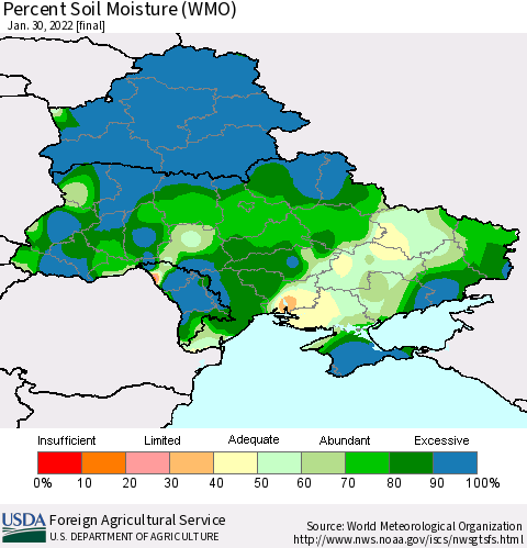 Ukraine, Moldova and Belarus Percent Soil Moisture (WMO) Thematic Map For 1/24/2022 - 1/30/2022