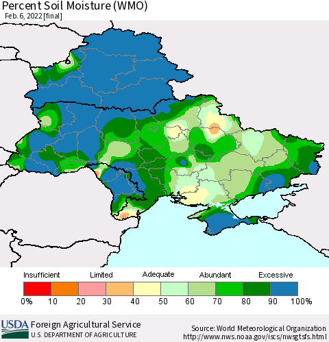 Ukraine, Moldova and Belarus Percent Soil Moisture (WMO) Thematic Map For 1/31/2022 - 2/6/2022