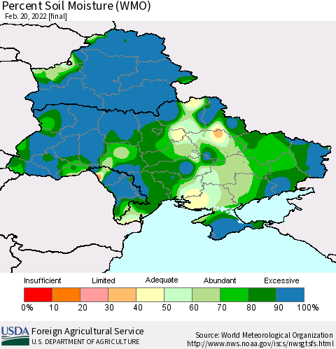 Ukraine, Moldova and Belarus Percent Soil Moisture (WMO) Thematic Map For 2/14/2022 - 2/20/2022