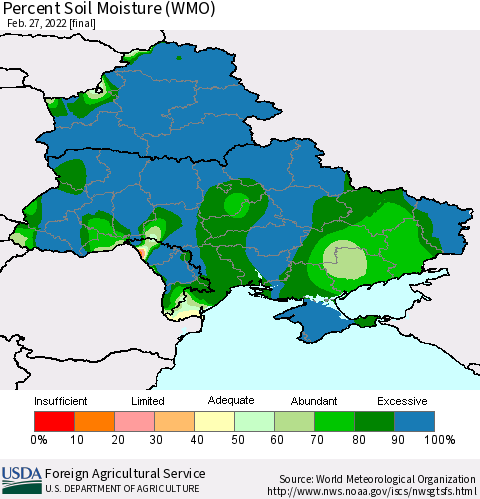 Ukraine, Moldova and Belarus Percent Soil Moisture (WMO) Thematic Map For 2/21/2022 - 2/27/2022