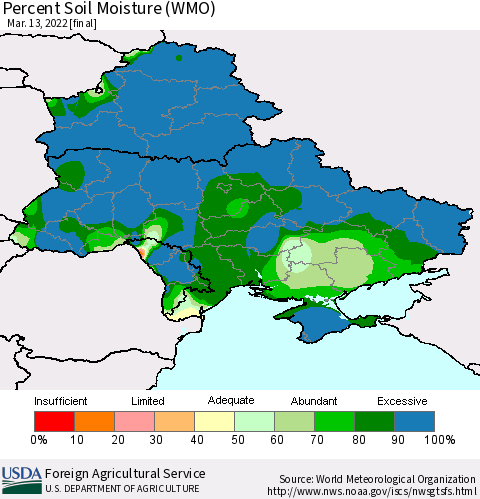 Ukraine, Moldova and Belarus Percent Soil Moisture (WMO) Thematic Map For 3/7/2022 - 3/13/2022