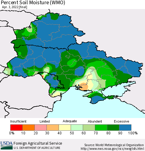 Ukraine, Moldova and Belarus Percent Soil Moisture (WMO) Thematic Map For 3/28/2022 - 4/3/2022