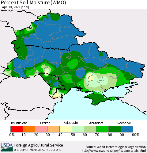 Ukraine, Moldova and Belarus Percent Soil Moisture (WMO) Thematic Map For 4/4/2022 - 4/10/2022