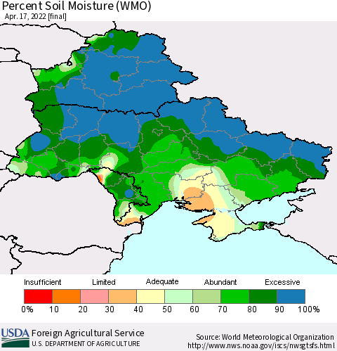Ukraine, Moldova and Belarus Percent Soil Moisture (WMO) Thematic Map For 4/11/2022 - 4/17/2022
