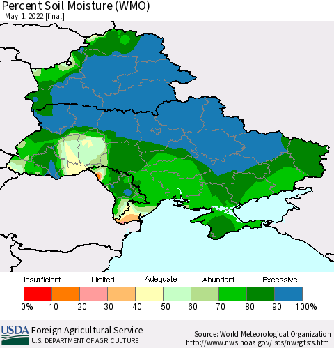 Ukraine, Moldova and Belarus Percent Soil Moisture (WMO) Thematic Map For 4/25/2022 - 5/1/2022