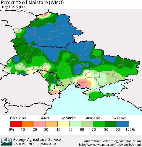 Ukraine, Moldova and Belarus Percent Soil Moisture (WMO) Thematic Map For 5/2/2022 - 5/8/2022