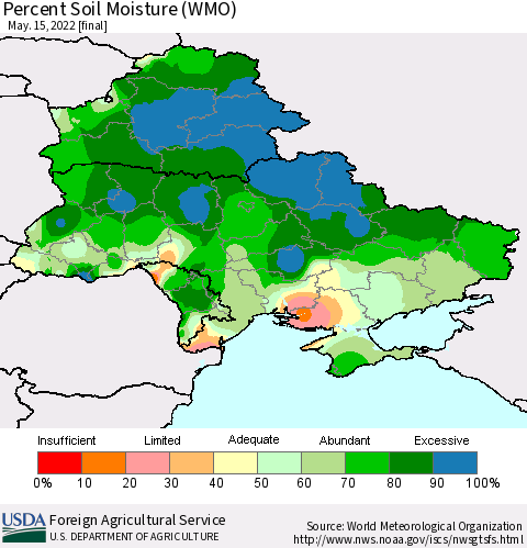 Ukraine, Moldova and Belarus Percent Soil Moisture (WMO) Thematic Map For 5/9/2022 - 5/15/2022