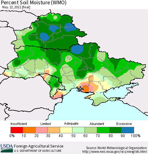 Ukraine, Moldova and Belarus Percent Soil Moisture (WMO) Thematic Map For 5/16/2022 - 5/22/2022