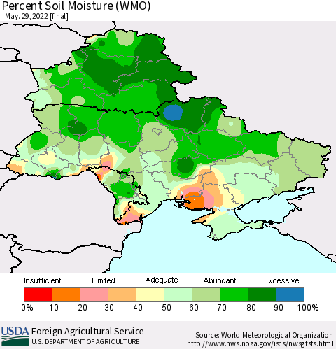 Ukraine, Moldova and Belarus Percent Soil Moisture (WMO) Thematic Map For 5/23/2022 - 5/29/2022