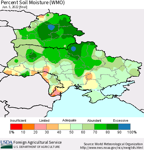 Ukraine, Moldova and Belarus Percent Soil Moisture (WMO) Thematic Map For 5/30/2022 - 6/5/2022