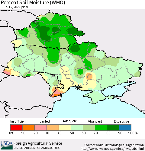 Ukraine, Moldova and Belarus Percent Soil Moisture (WMO) Thematic Map For 6/6/2022 - 6/12/2022