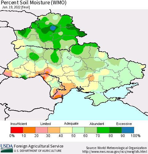 Ukraine, Moldova and Belarus Percent Soil Moisture (WMO) Thematic Map For 6/13/2022 - 6/19/2022