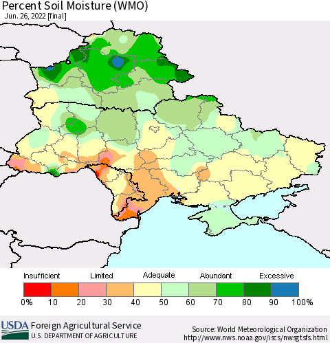 Ukraine, Moldova and Belarus Percent Soil Moisture (WMO) Thematic Map For 6/20/2022 - 6/26/2022