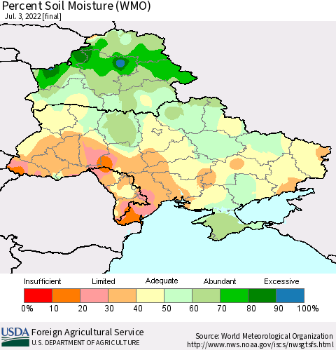 Ukraine, Moldova and Belarus Percent Soil Moisture (WMO) Thematic Map For 6/27/2022 - 7/3/2022