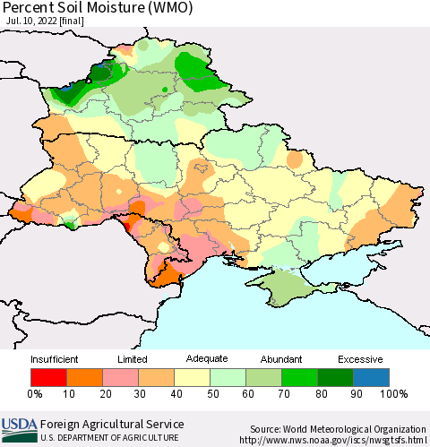Ukraine, Moldova and Belarus Percent Soil Moisture (WMO) Thematic Map For 7/4/2022 - 7/10/2022