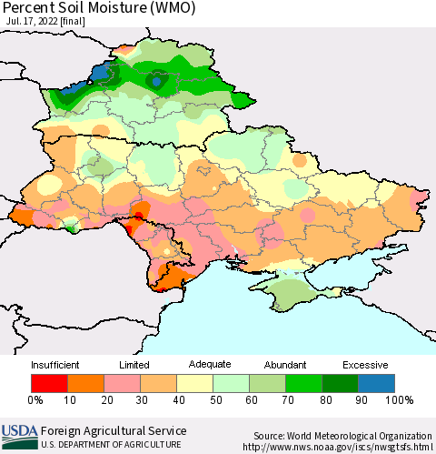 Ukraine, Moldova and Belarus Percent Soil Moisture (WMO) Thematic Map For 7/11/2022 - 7/17/2022