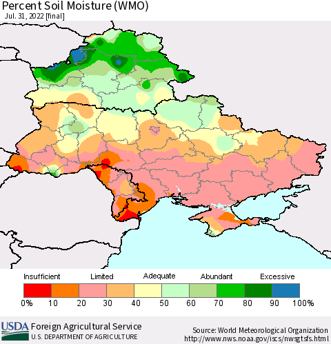 Ukraine, Moldova and Belarus Percent Soil Moisture (WMO) Thematic Map For 7/25/2022 - 7/31/2022