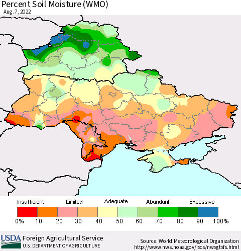 Ukraine, Moldova and Belarus Percent Soil Moisture (WMO) Thematic Map For 8/1/2022 - 8/7/2022