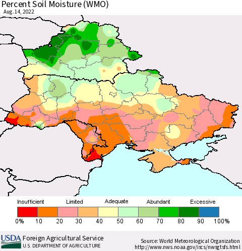 Ukraine, Moldova and Belarus Percent Soil Moisture (WMO) Thematic Map For 8/8/2022 - 8/14/2022