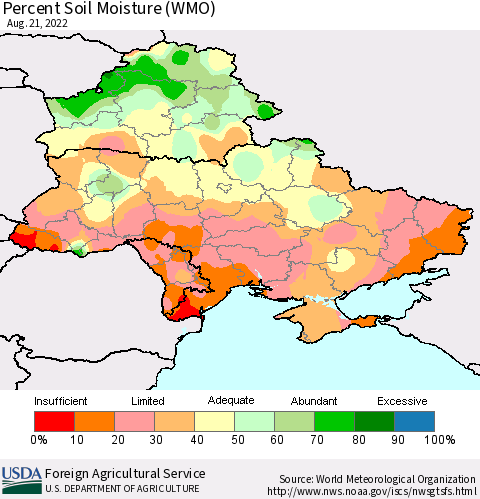 Ukraine, Moldova and Belarus Percent Soil Moisture (WMO) Thematic Map For 8/15/2022 - 8/21/2022