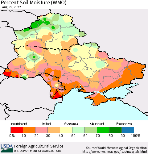 Ukraine, Moldova and Belarus Percent Soil Moisture (WMO) Thematic Map For 8/22/2022 - 8/28/2022