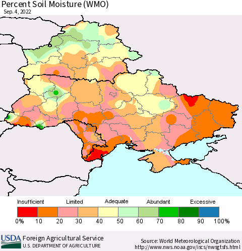 Ukraine, Moldova and Belarus Percent Soil Moisture (WMO) Thematic Map For 8/29/2022 - 9/4/2022