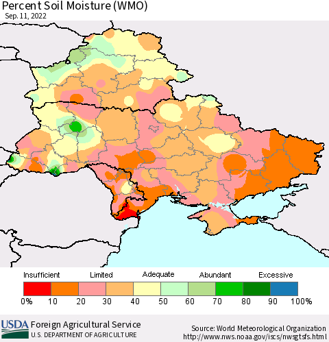 Ukraine, Moldova and Belarus Percent Soil Moisture (WMO) Thematic Map For 9/5/2022 - 9/11/2022