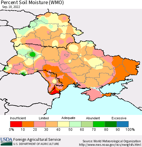 Ukraine, Moldova and Belarus Percent Soil Moisture (WMO) Thematic Map For 9/12/2022 - 9/18/2022