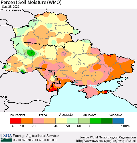Ukraine, Moldova and Belarus Percent Soil Moisture (WMO) Thematic Map For 9/19/2022 - 9/25/2022