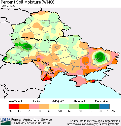 Ukraine, Moldova and Belarus Percent Soil Moisture (WMO) Thematic Map For 9/26/2022 - 10/2/2022