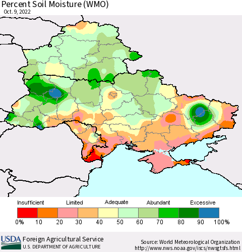 Ukraine, Moldova and Belarus Percent Soil Moisture (WMO) Thematic Map For 10/3/2022 - 10/9/2022
