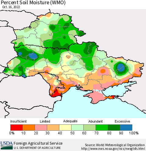 Ukraine, Moldova and Belarus Percent Soil Moisture (WMO) Thematic Map For 10/10/2022 - 10/16/2022