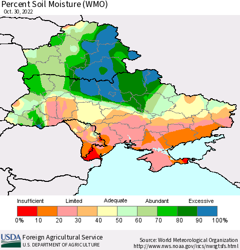 Ukraine, Moldova and Belarus Percent Soil Moisture (WMO) Thematic Map For 10/24/2022 - 10/30/2022