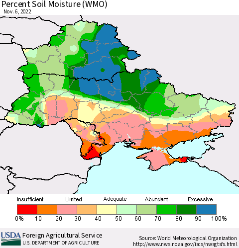 Ukraine, Moldova and Belarus Percent Soil Moisture (WMO) Thematic Map For 10/31/2022 - 11/6/2022