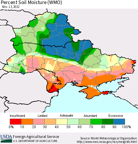 Ukraine, Moldova and Belarus Percent Soil Moisture (WMO) Thematic Map For 11/7/2022 - 11/13/2022