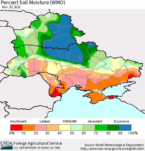 Ukraine, Moldova and Belarus Percent Soil Moisture (WMO) Thematic Map For 11/14/2022 - 11/20/2022