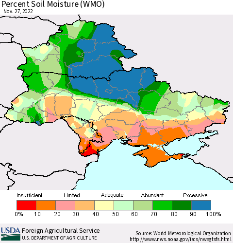 Ukraine, Moldova and Belarus Percent Soil Moisture (WMO) Thematic Map For 11/21/2022 - 11/27/2022