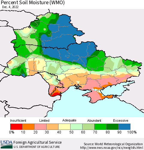 Ukraine, Moldova and Belarus Percent Soil Moisture (WMO) Thematic Map For 11/28/2022 - 12/4/2022