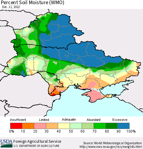 Ukraine, Moldova and Belarus Percent Soil Moisture (WMO) Thematic Map For 12/5/2022 - 12/11/2022
