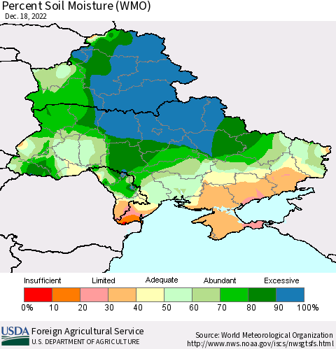 Ukraine, Moldova and Belarus Percent Soil Moisture (WMO) Thematic Map For 12/12/2022 - 12/18/2022